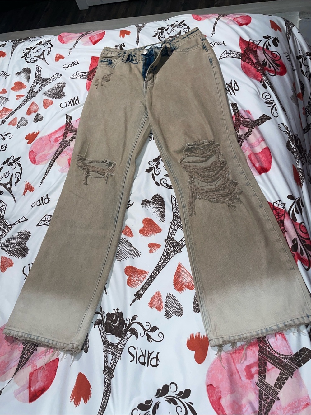 Women's Beige Flare Jeans with Distressed Detailing